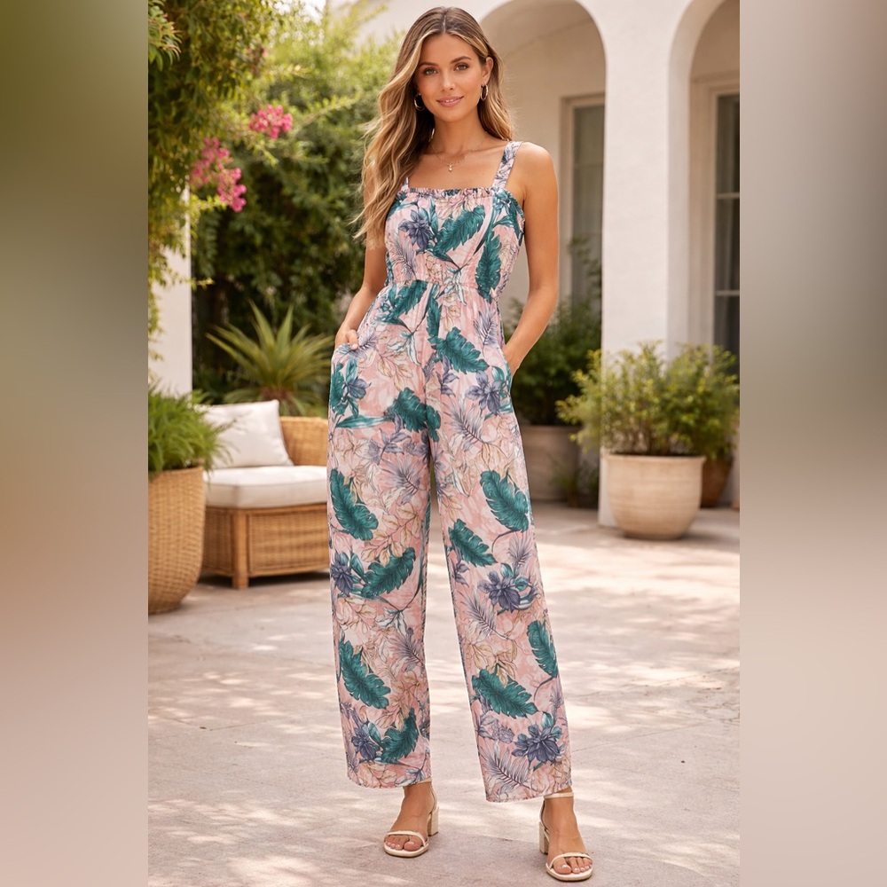 Truly Me cream and Green Leaf Print jumpsuit.